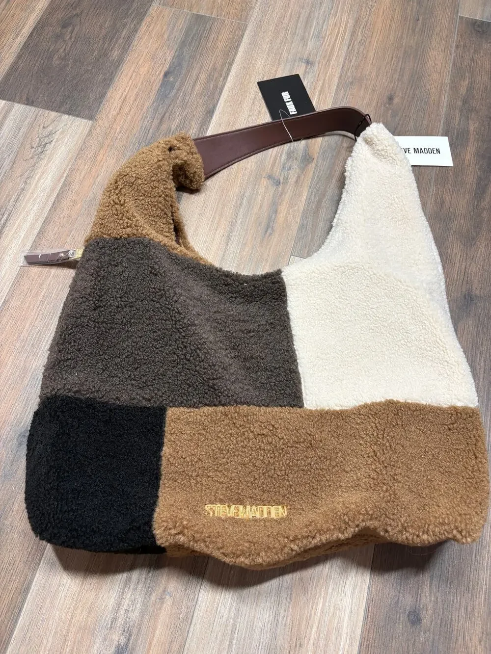 Steve Madden Cognac Multi BTully Hobo Bag Brown Black White Colorblock Faux Fur